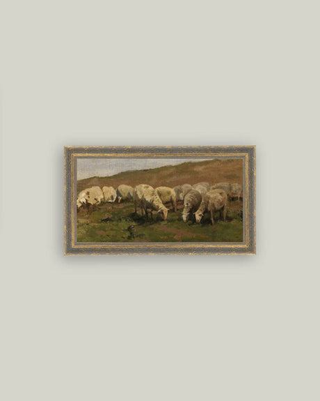 Sheep Landscape Framed Antique Art: 7x5