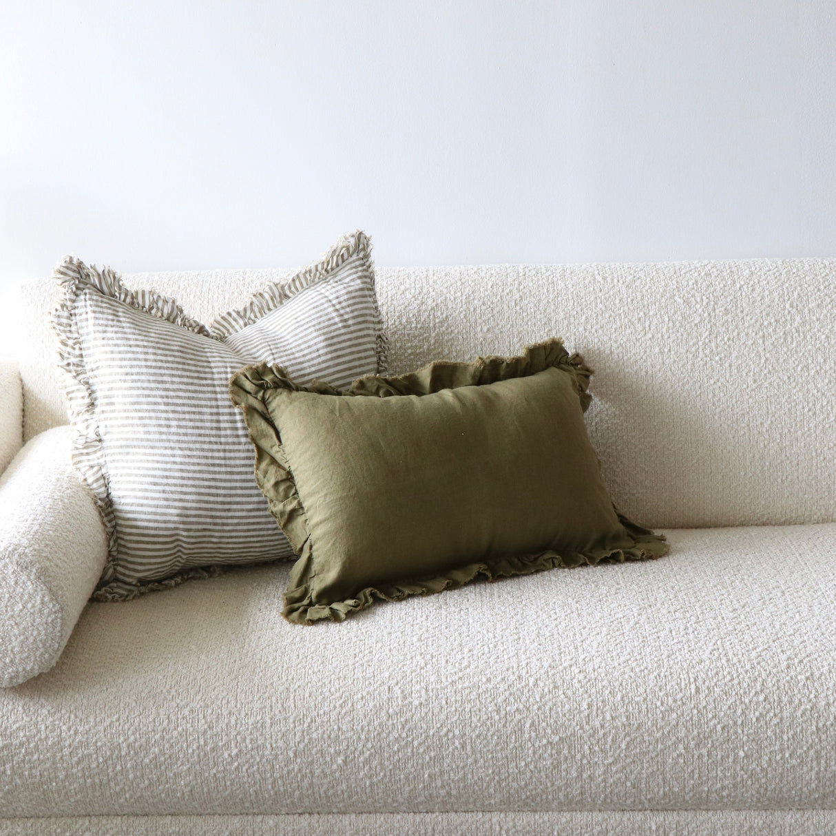 Sama Olive Ruffled Linen Lumbar Pillow Cover