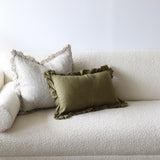 Sama Olive Ruffled Linen Lumbar Pillow Cover