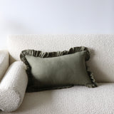 Olive Drab Ruffled Linen Lumbar Pillow Cover