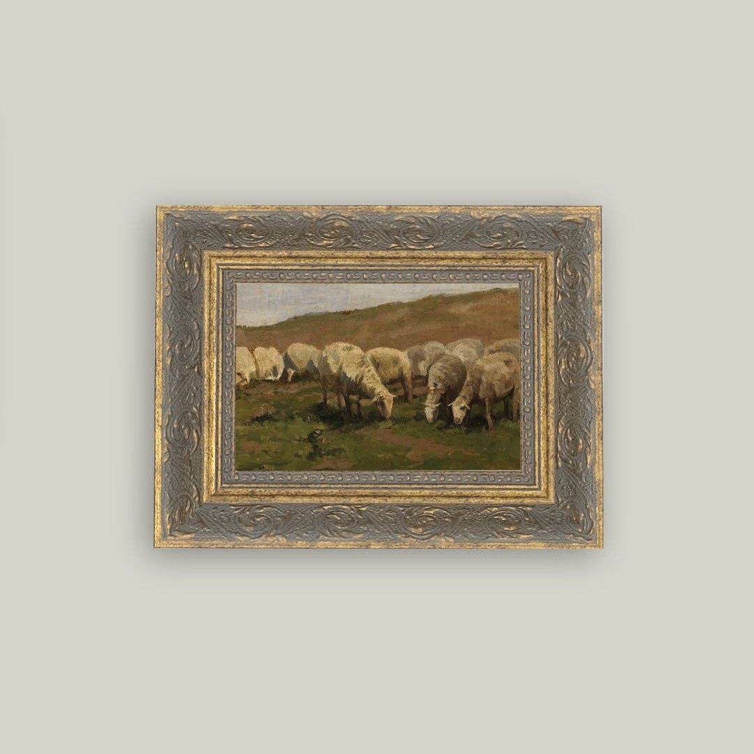 Sheep Landscape Framed Antique Art: 7x5