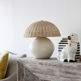 Periwinkle Polka Dot Ceramic Lamp With Rattan Shade - Holistic Habitat 