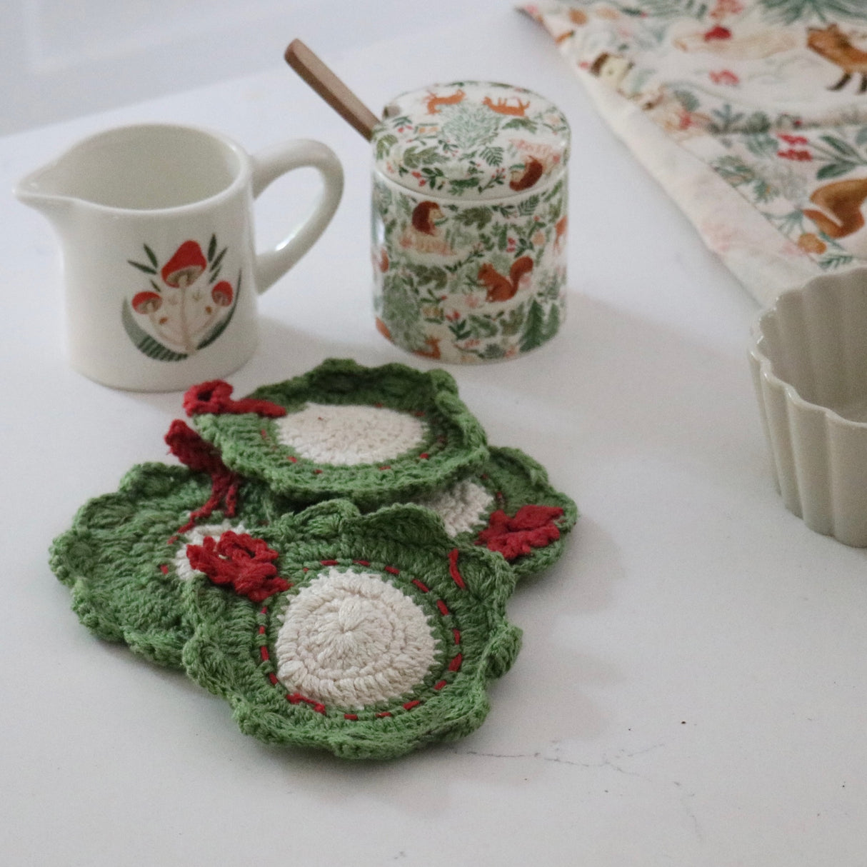 Holiday Wreath Cotton Crocheted Coasters - Set of 4