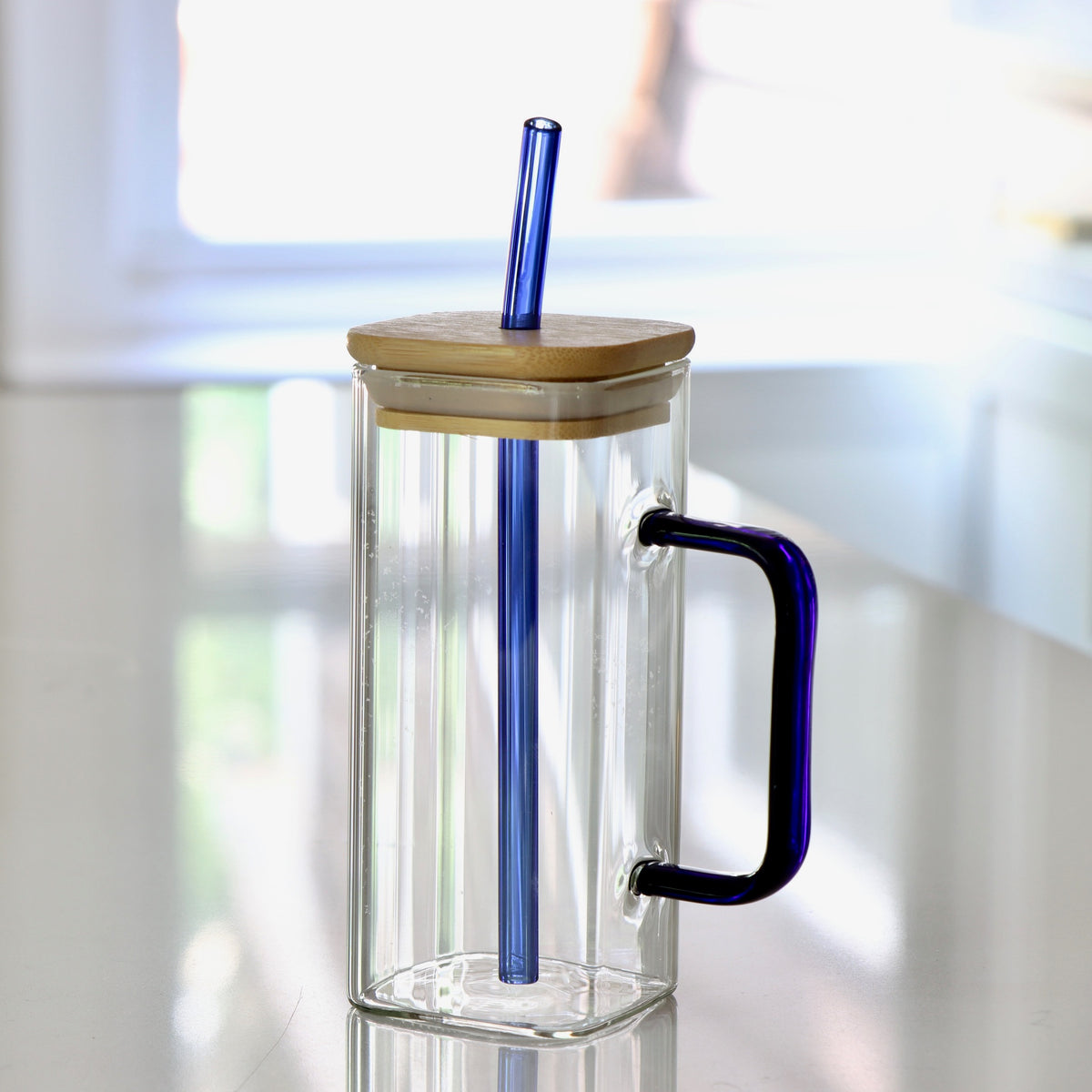 Cobalt - Squared Drinking Glass with Lid &amp; Straw - Holistic Habitat 