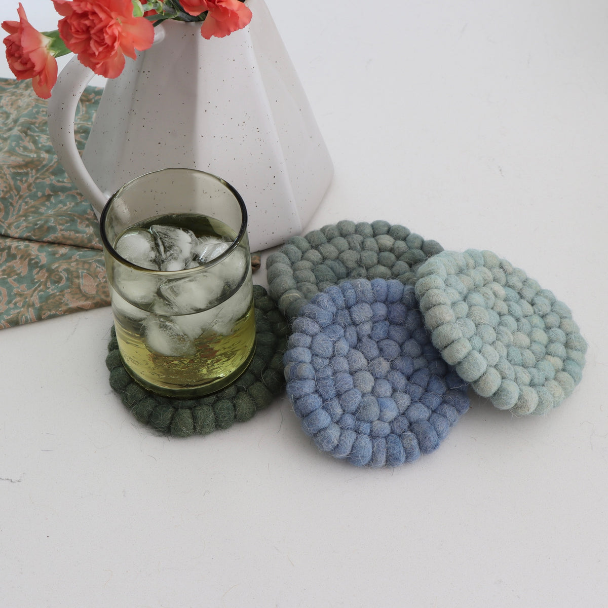 Sea Blue Handmade Wool Felt Ball Coasters - Set of 4 - Holistic Habitat 