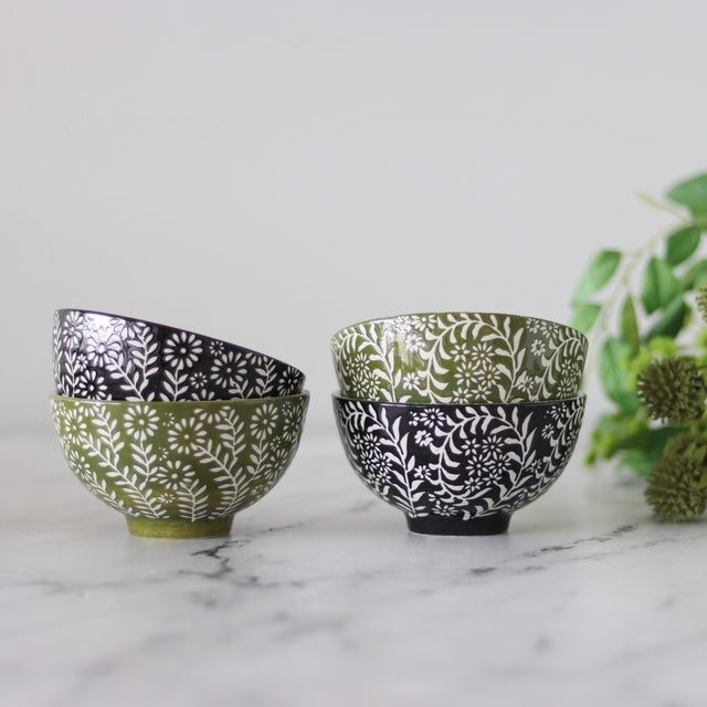 Flower Press Onyx and Olive Stoneware Bowls - Set of 4 - Holistic Habitat 