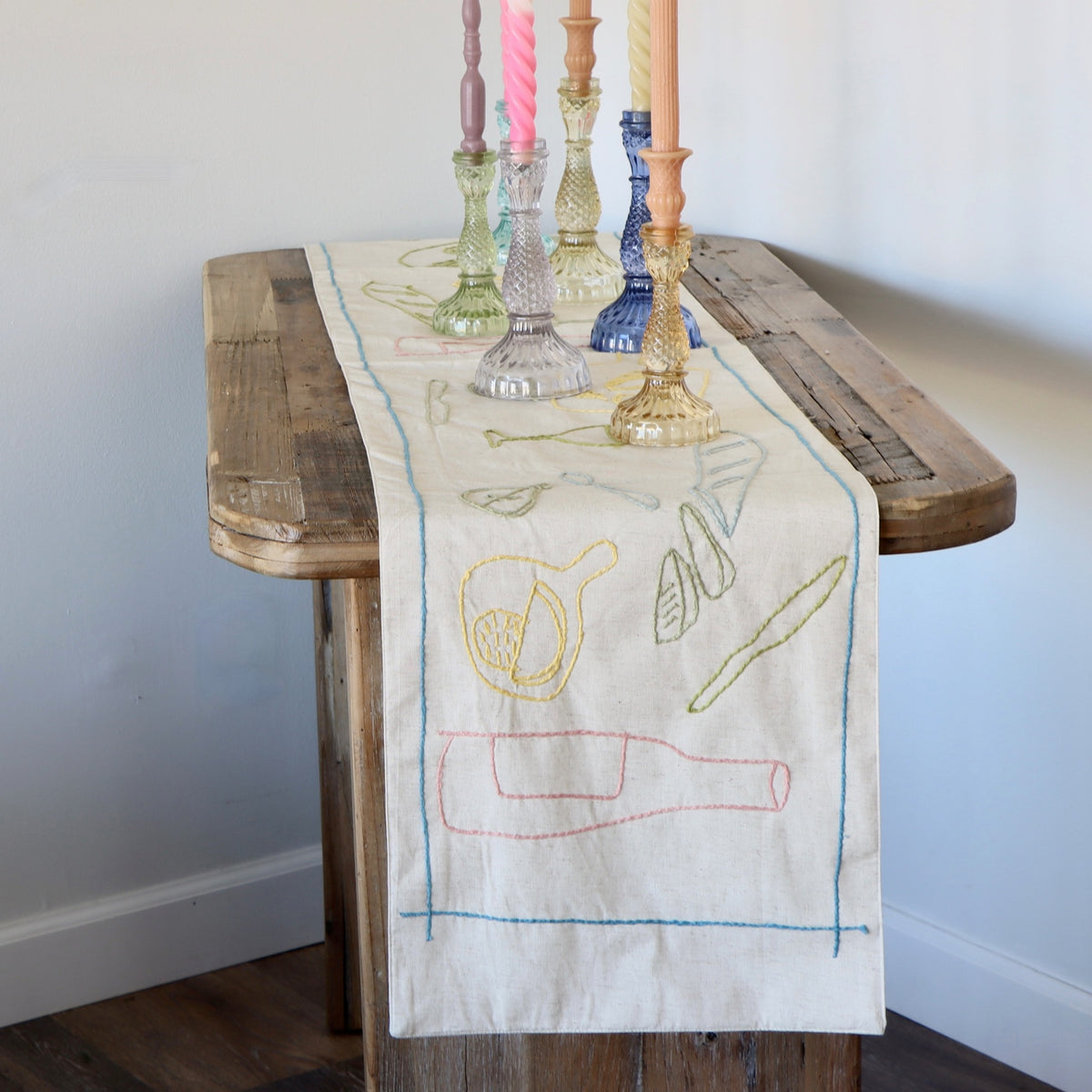 A Picnic with Friends Woven Linen Embroidered Table Runner - Holistic Habitat 