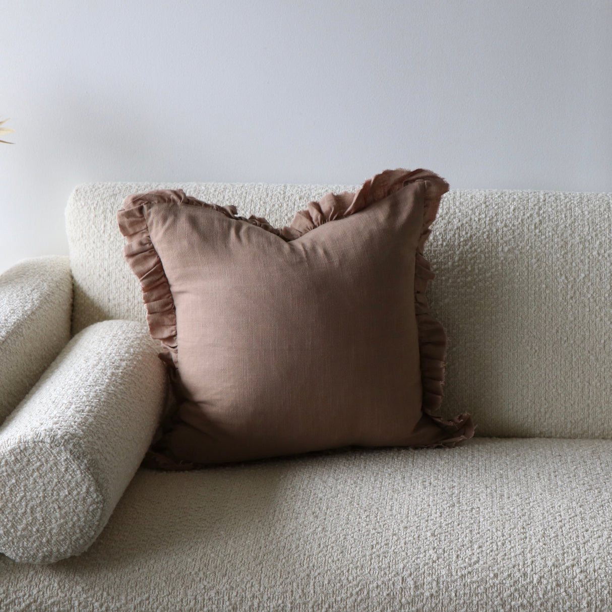 Sepia Brown Ruffled Linen Pillow Cover