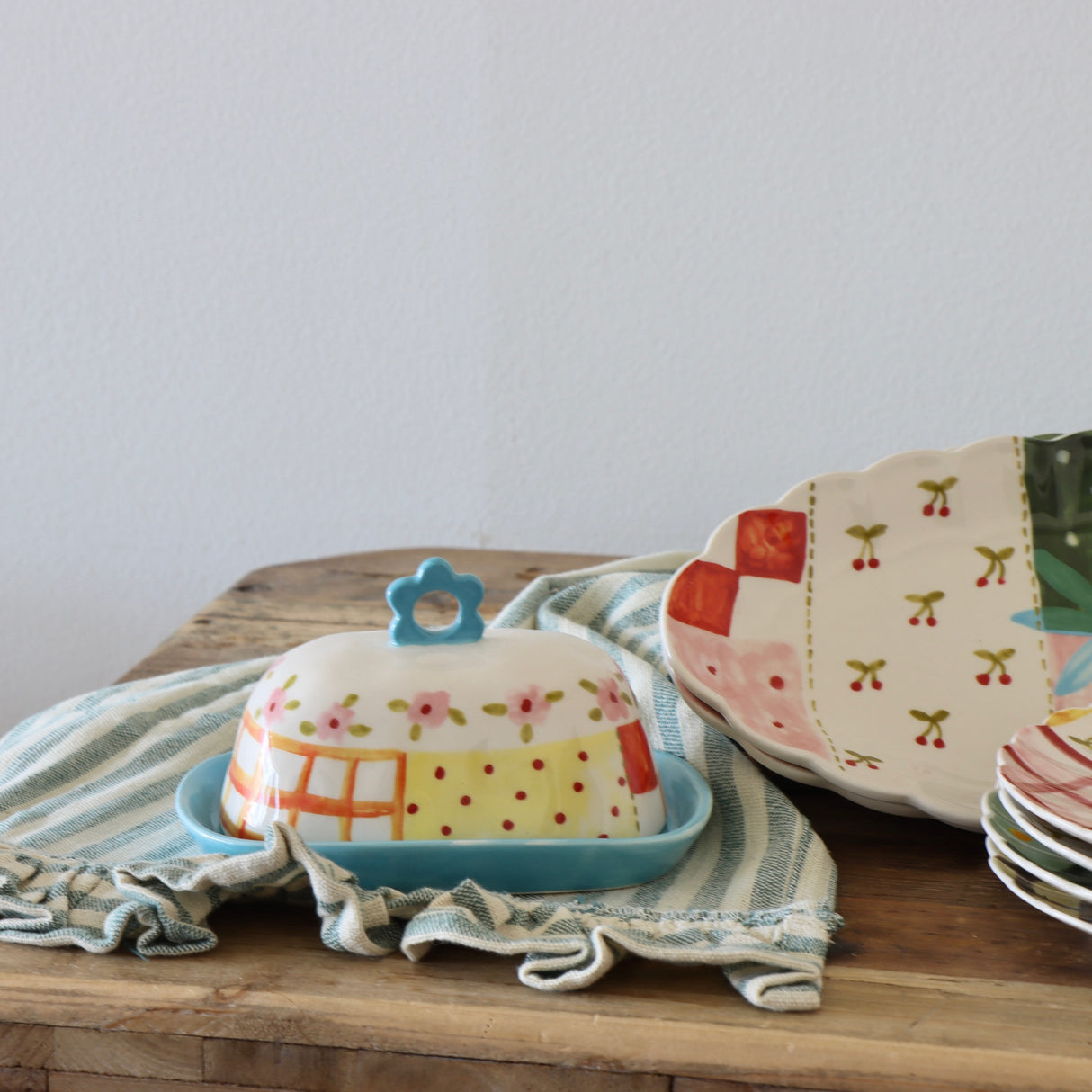 Patchwork Hand-Painted Stoneware Butter Dish