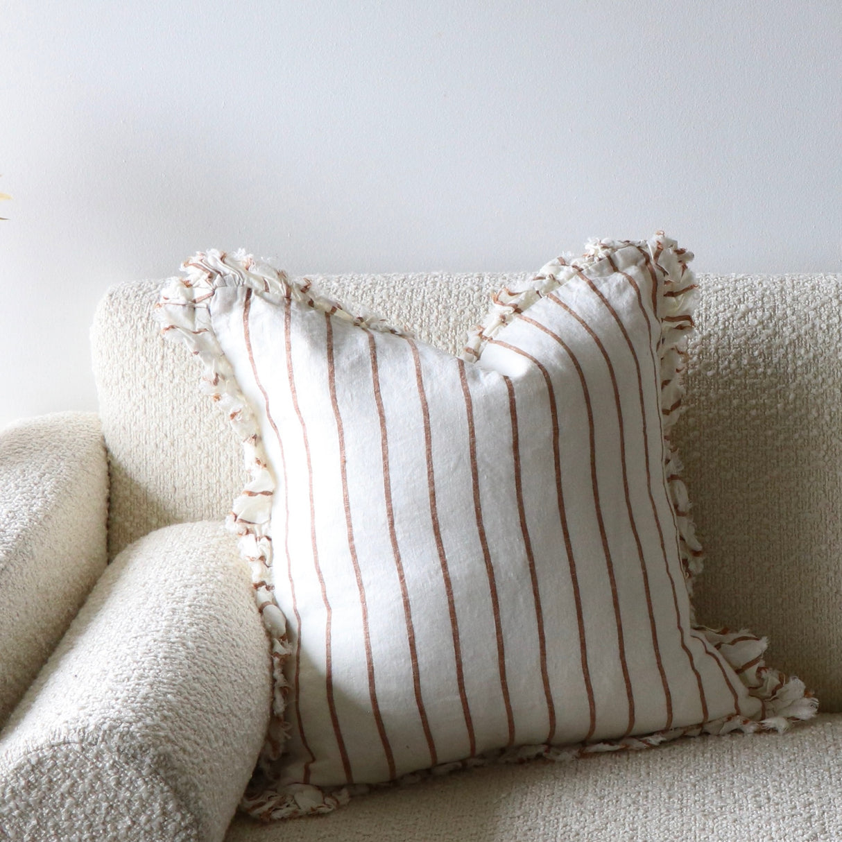 Jessie Ruffled Linen Rust & Cream Stripe Pillow Cover