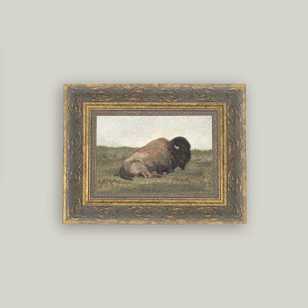 Resting Bison Framed Antique Art: 7x5