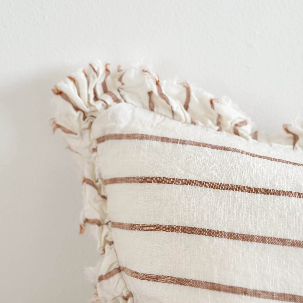 Jessie Ruffled Linen Rust & Cream Stripe Lumbar Pillow Cover