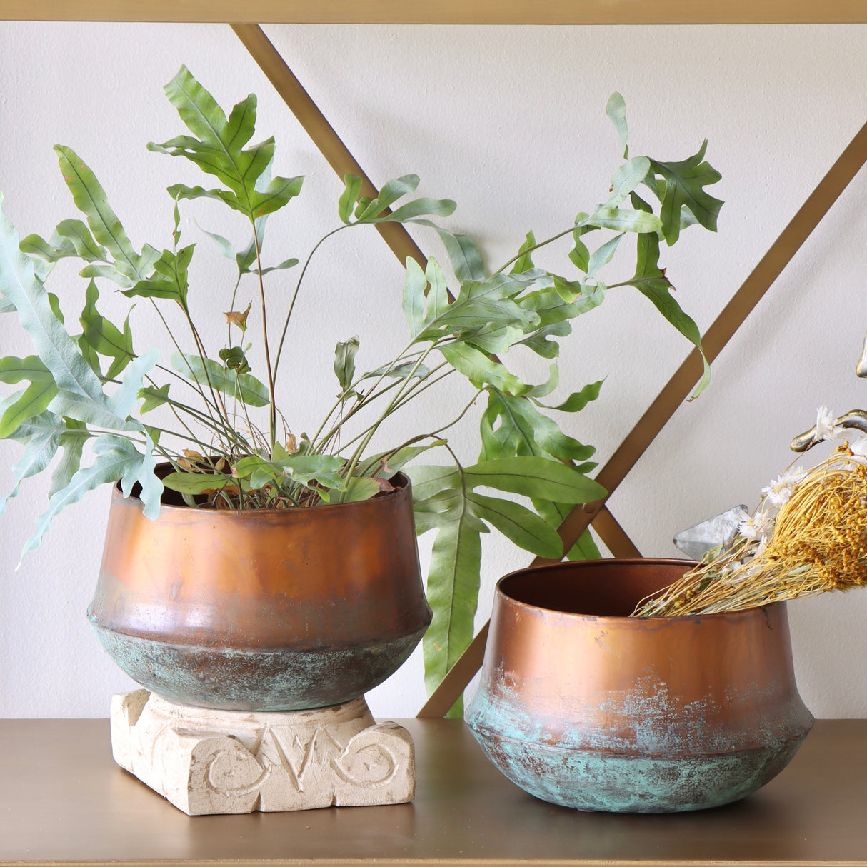 Patinated Copper Planter Large - Set of 2 - Holistic Habitat 