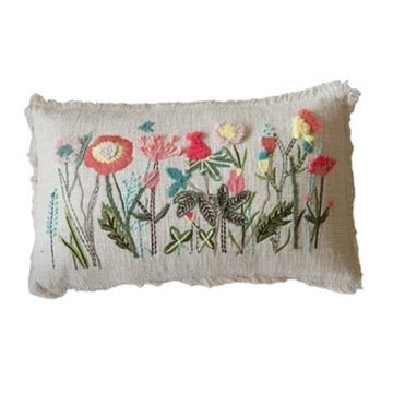 Wild Meadow Embroidered Cotton Slub Lumbar Pillow - 24x14 - Holistic Habitat 