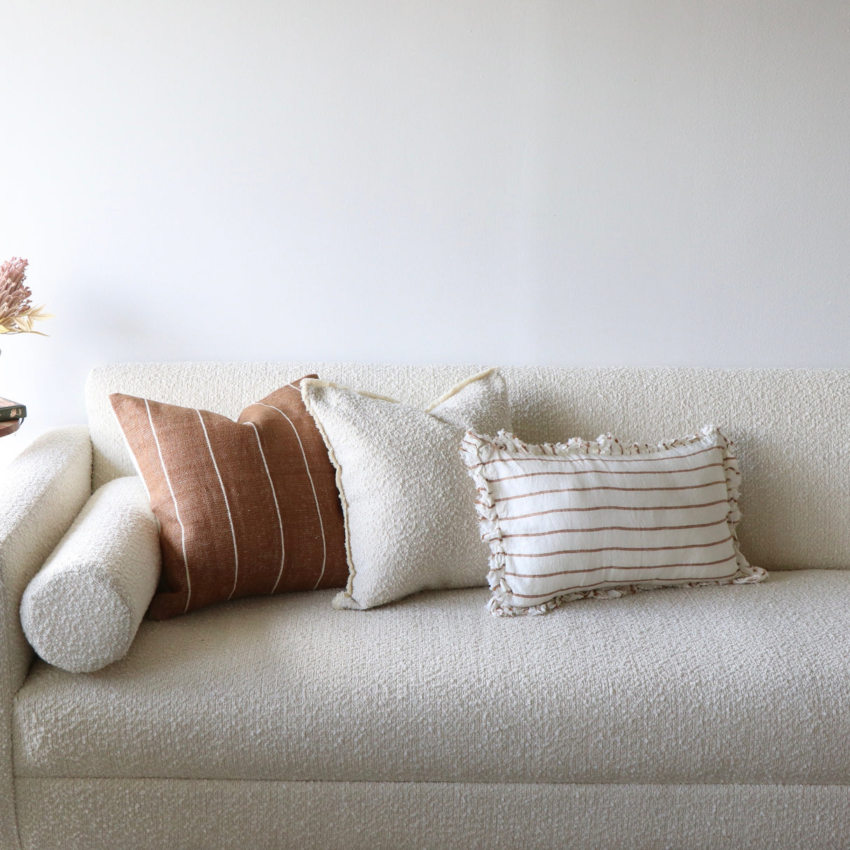 Jessie Ruffled Linen Rust & Cream Stripe Lumbar Pillow Cover