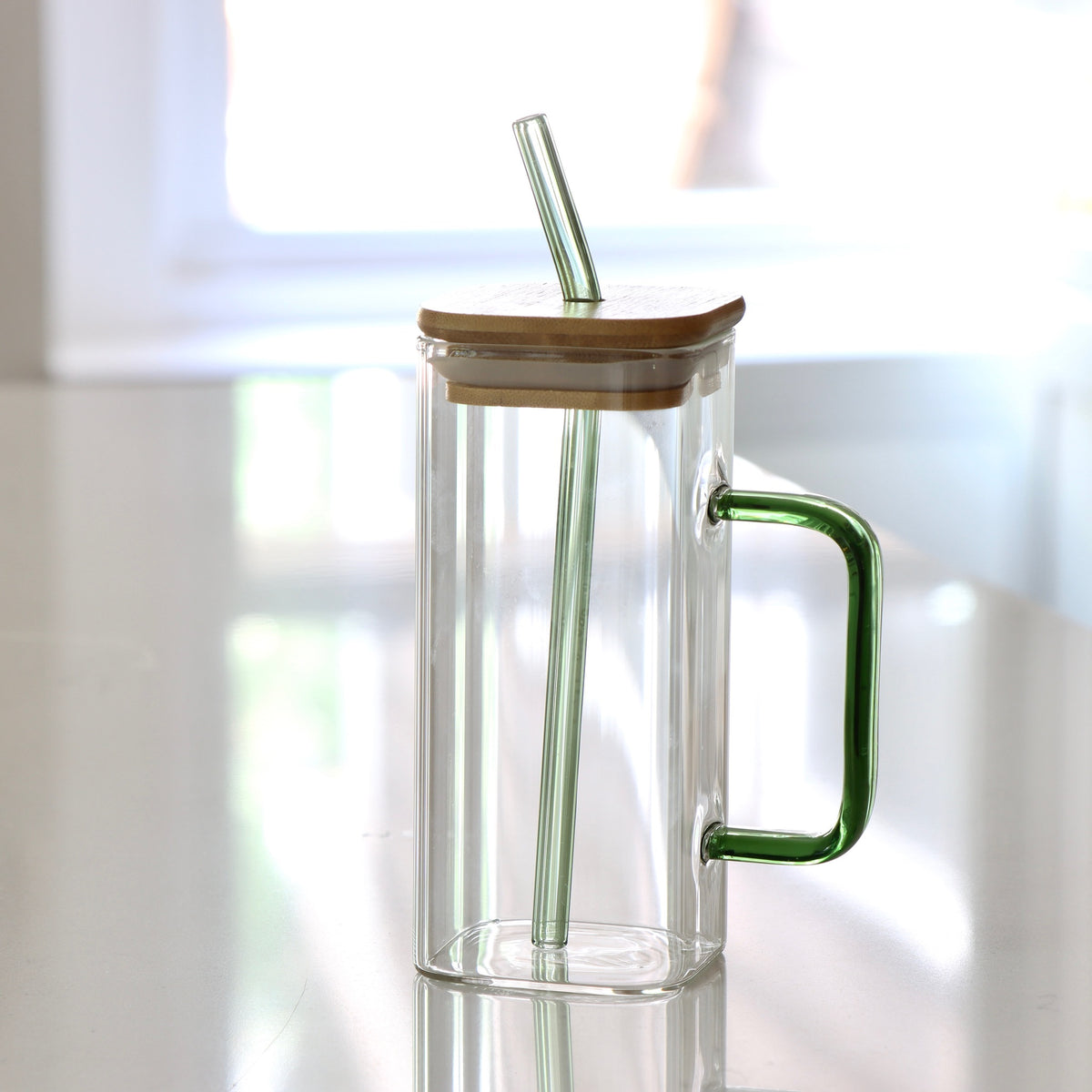 Green - Squared Drinking Glass with Lid &amp; Straw - Holistic Habitat 