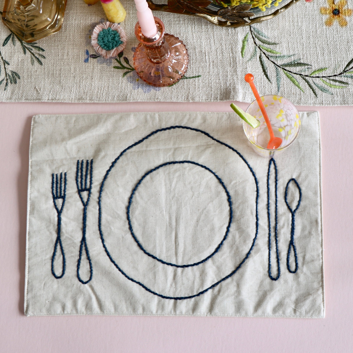 Embroidered Place Setting Linen Placemat - Holistic Habitat 