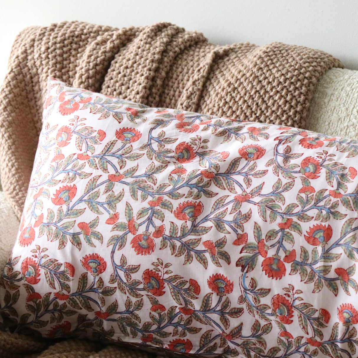 Hand Block Printed Floral Pillow Cover - Orange