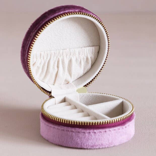 Mauve Velvet Round Travel Jewelry Case