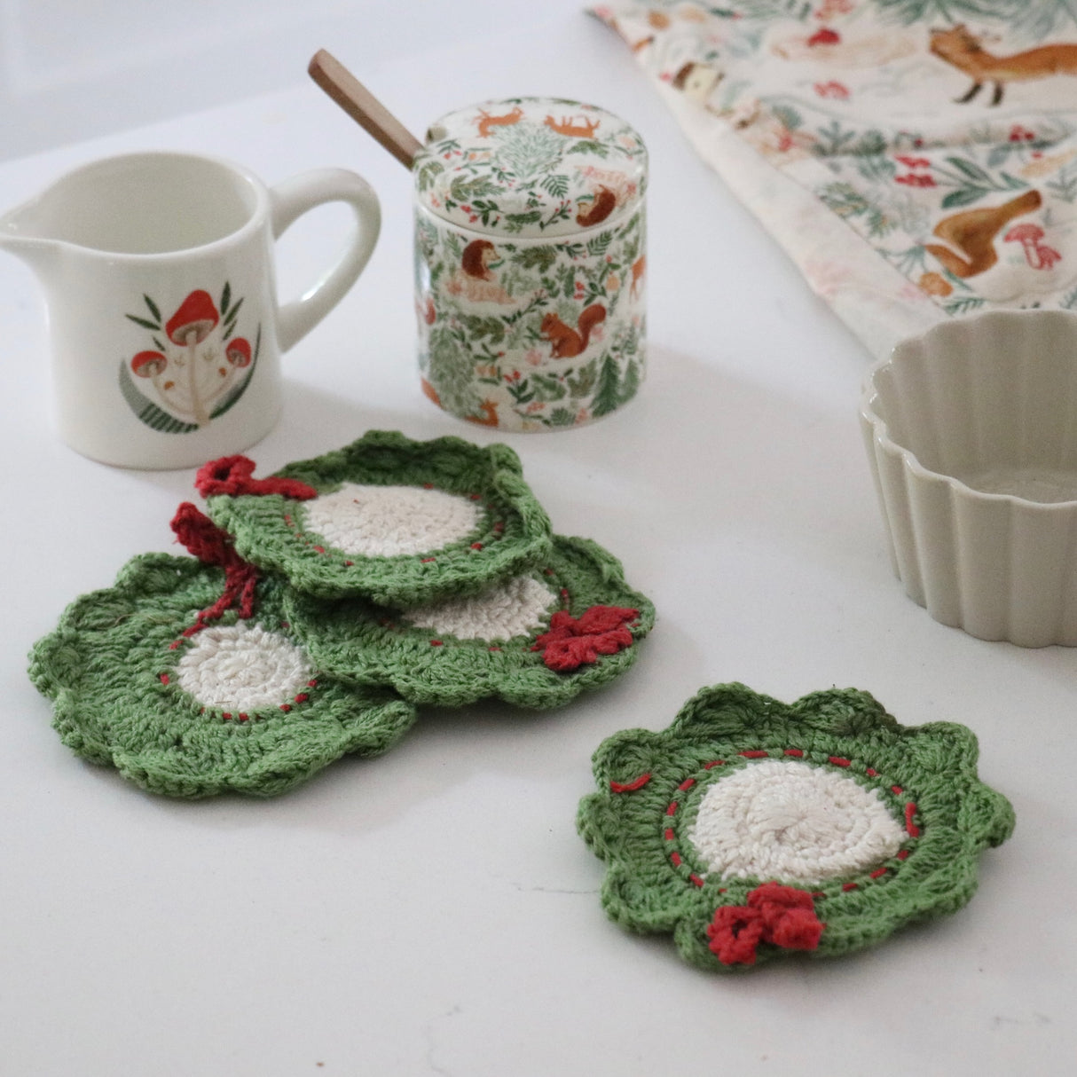 Holiday Wreath Cotton Crocheted Coasters - Set of 4