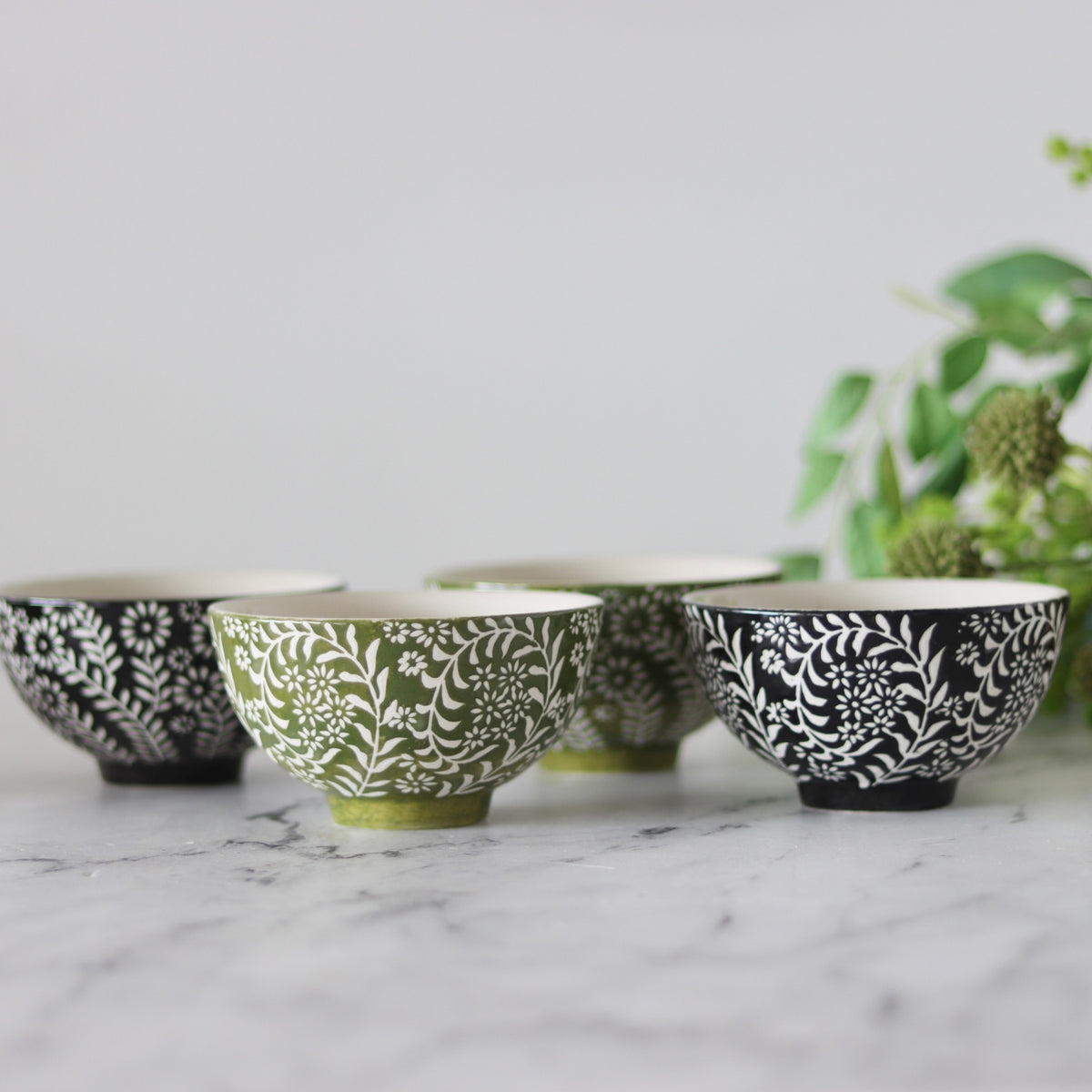Flower Press Onyx and Olive Stoneware Bowls - Set of 4 - Holistic Habitat 