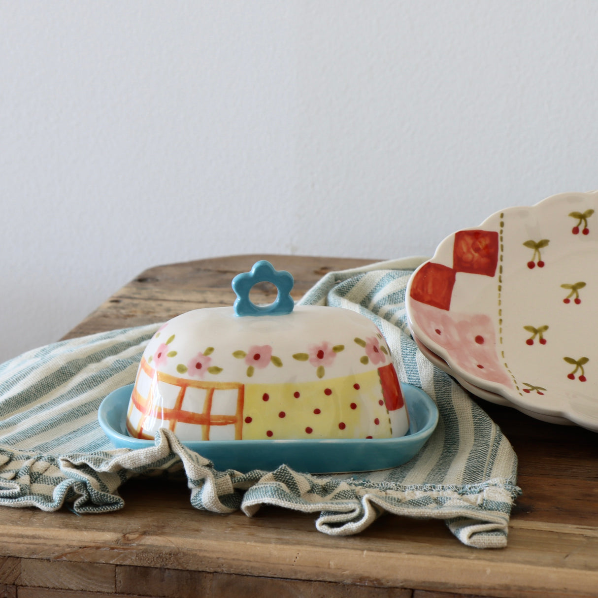 Patchwork Hand-Painted Stoneware Butter Dish