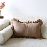 Sepia Brown Ruffled Linen Lumbar Pillow Cover