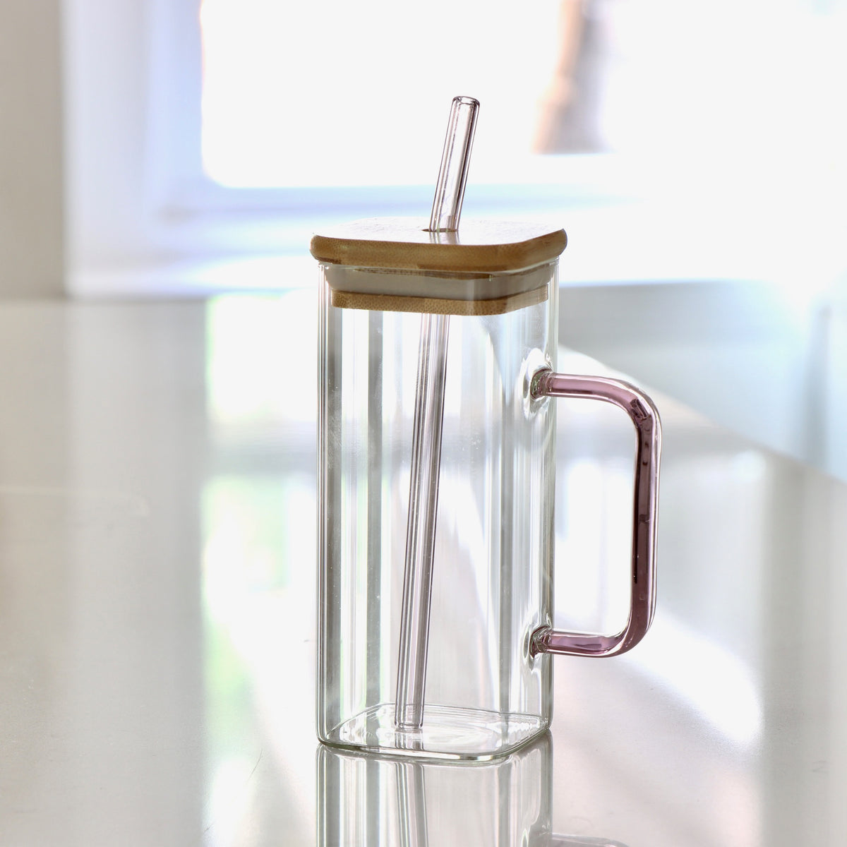 Pink - Squared Drinking Glass with Lid &amp; Straw - Holistic Habitat 
