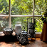 Black Enamel Splatterware Mug Set in Caddy