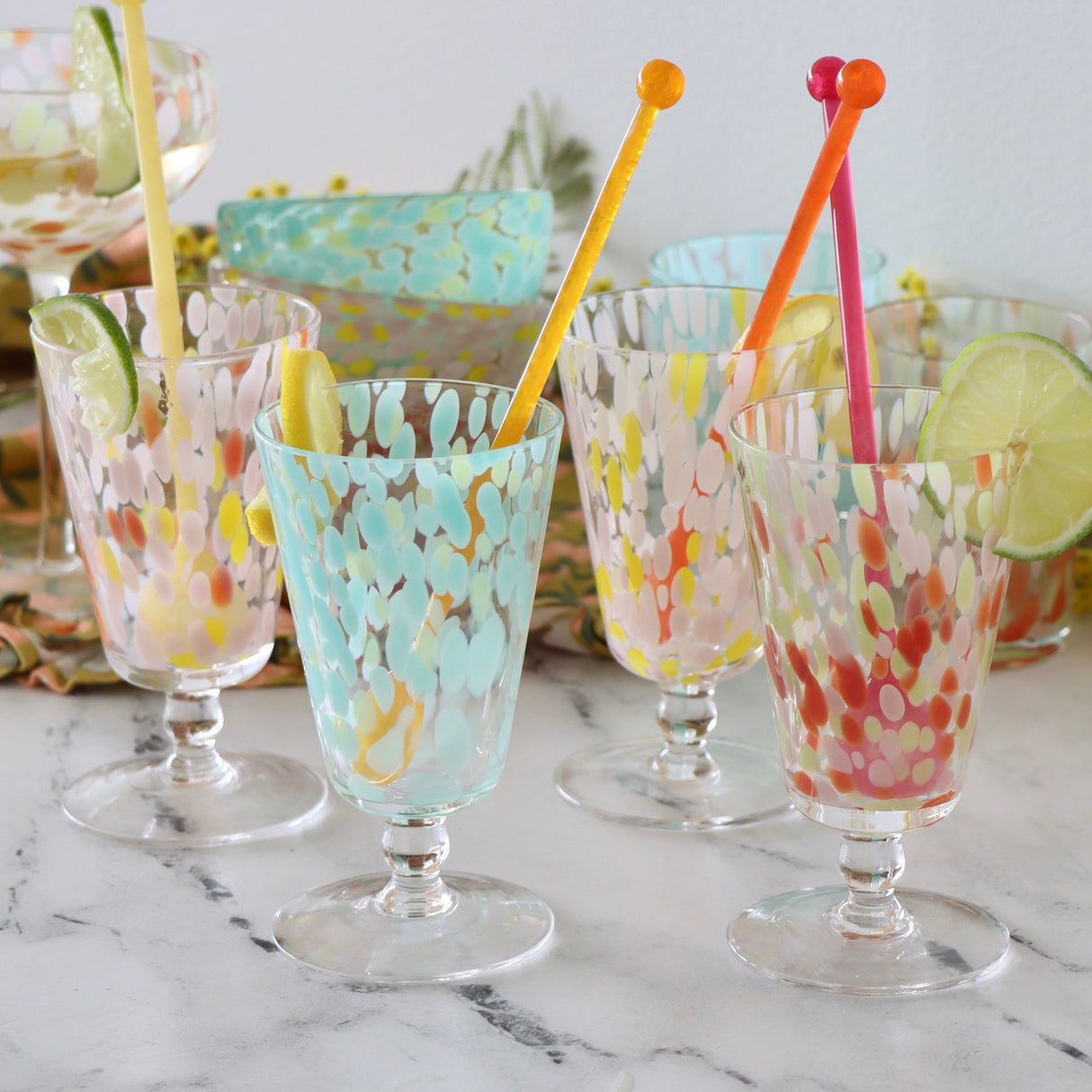 Confetti Stemmed Hand Blown Drinking Glasses - Set of 4 - Holistic Habitat 