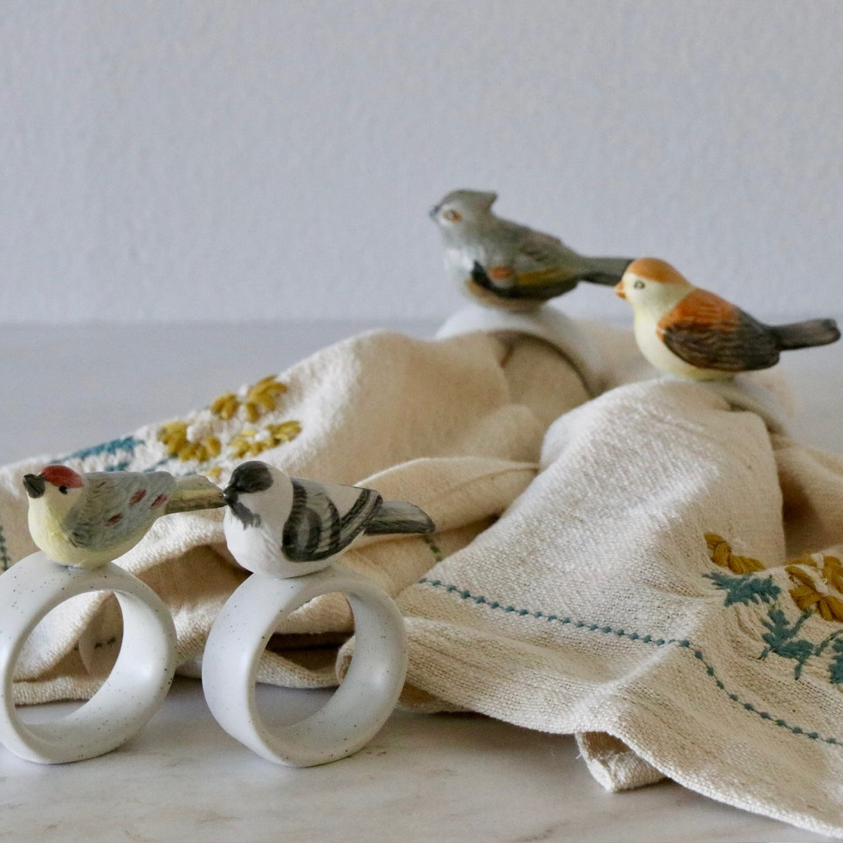 Perched Bird Friends Stoneware Napkin Rings - Set of 4