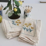 Hand-Embroidered Linen Daisy Napkins - Set of 4