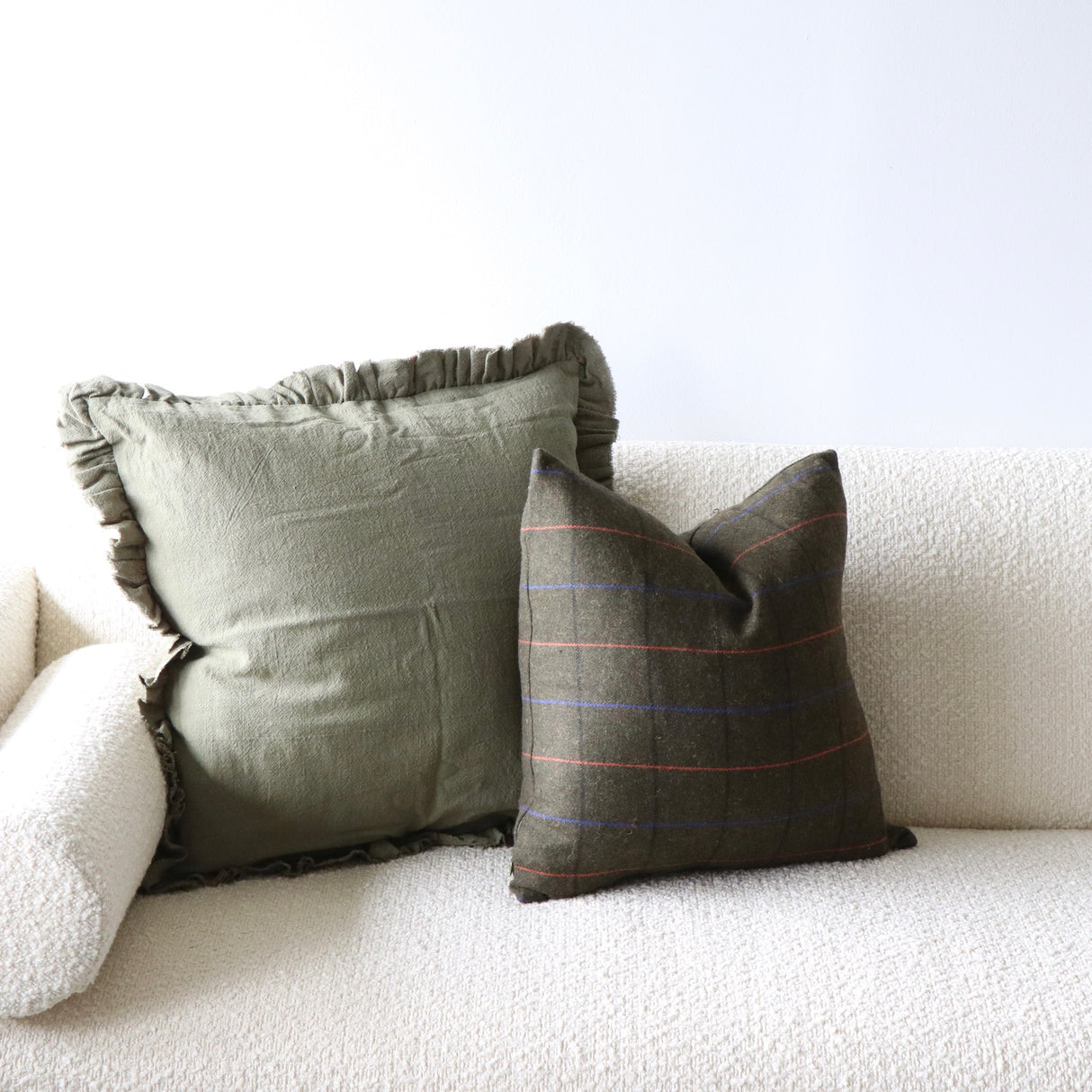 Olive Drab Ruffled Linen Pillow Cover