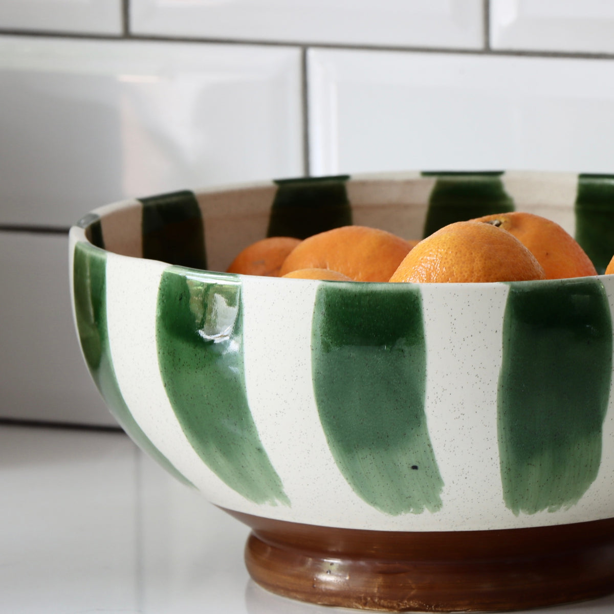 Emerald Striped Hand-Painted Stoneware Serving Bowl - Holistic Habitat 