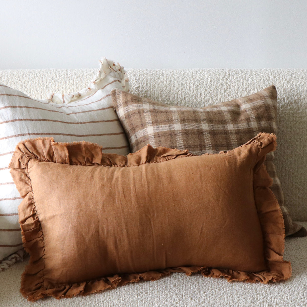 Jessie Ruffled Linen Rust & Cream Stripe Pillow Cover