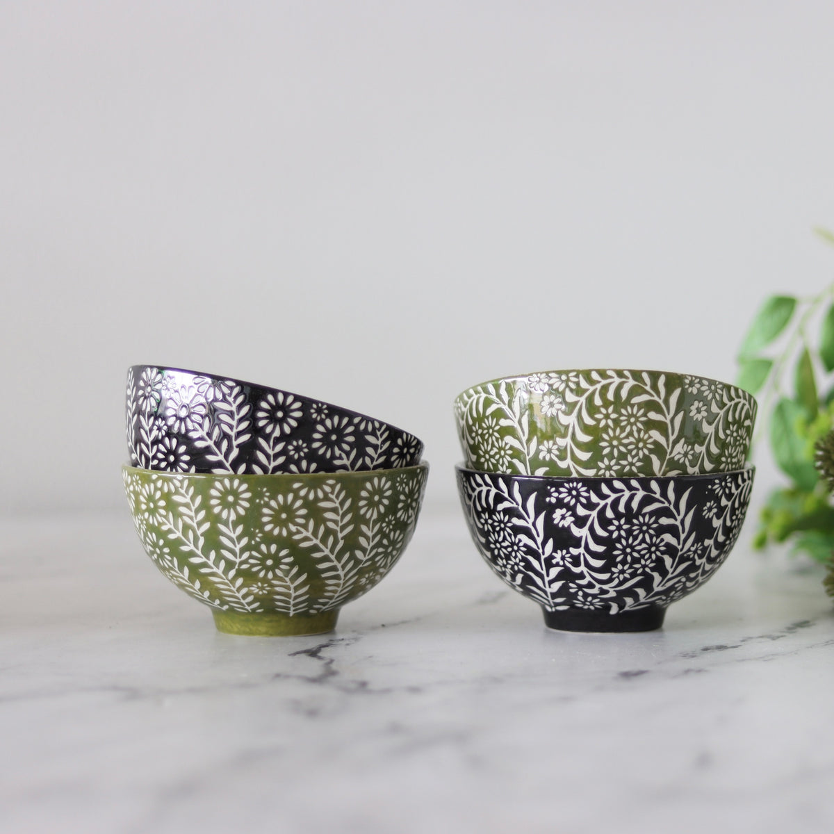 Flower Press Onyx and Olive Stoneware Bowls - Set of 4 - Holistic Habitat 