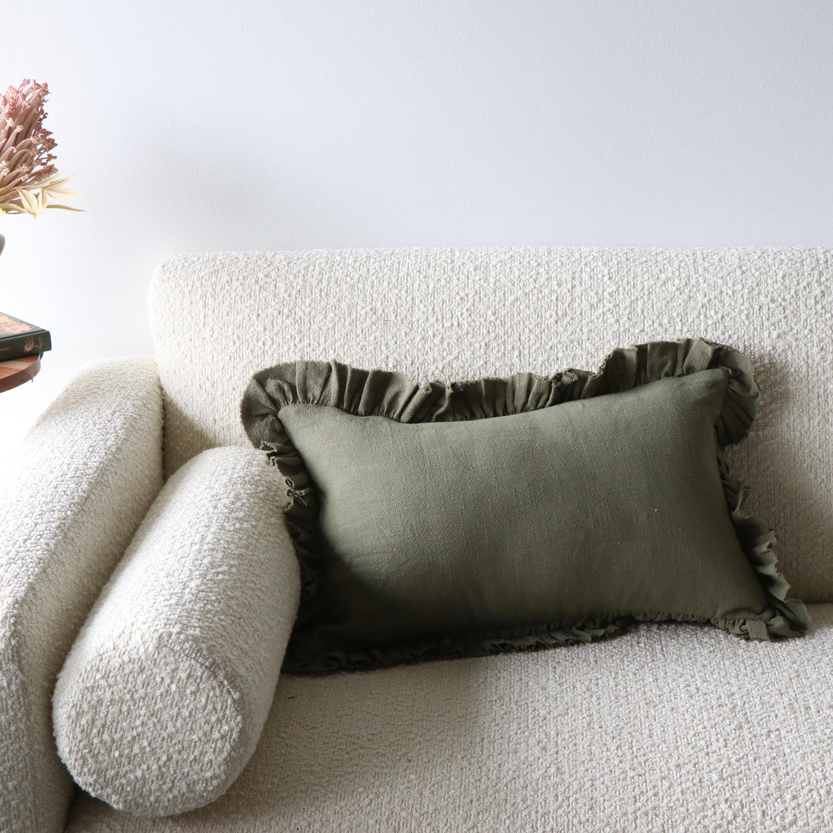 Olive Drab Ruffled Linen Lumbar Pillow Cover