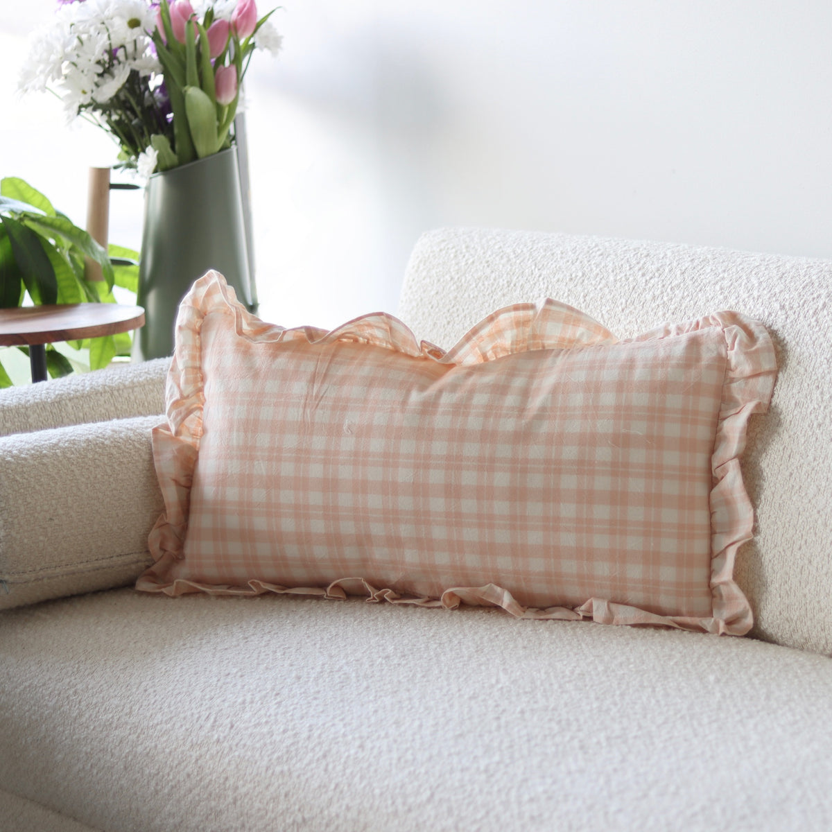 Spring Picnic Pink Plaid Ruffled Lumbar Pillow - 24x12 - Holistic Habitat 