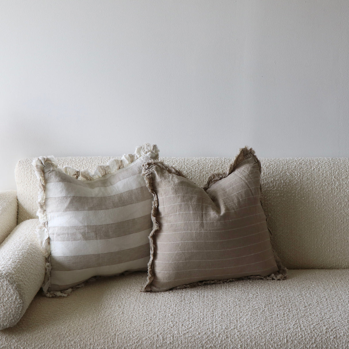 Celia Beige Striped Ruffled Linen Pillow Cover