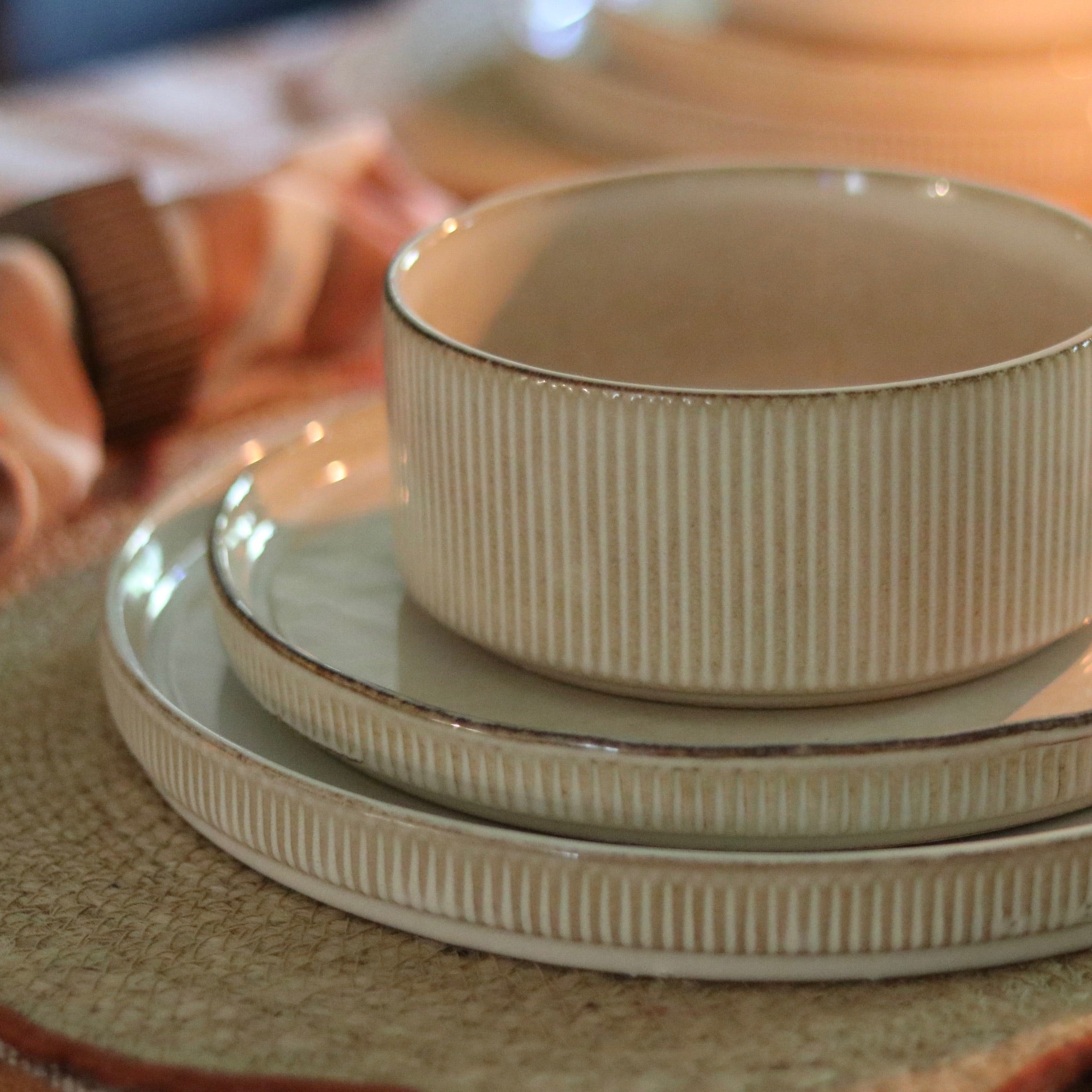 Ivory Ridged Stoneware Dinnerware 6 Place Settings Set of 18 Holistic Habitat