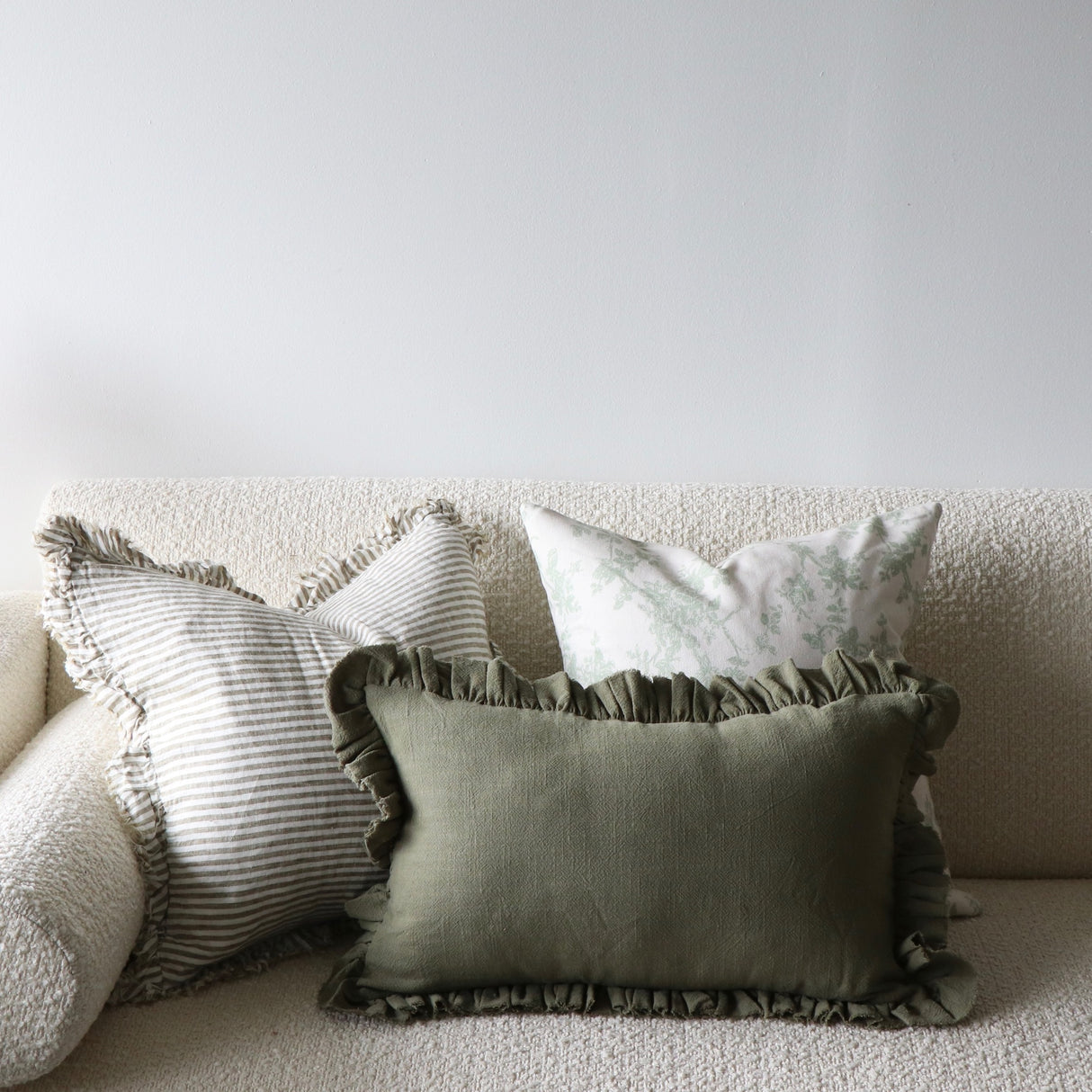 Olive Drab Ruffled Linen Lumbar Pillow Cover