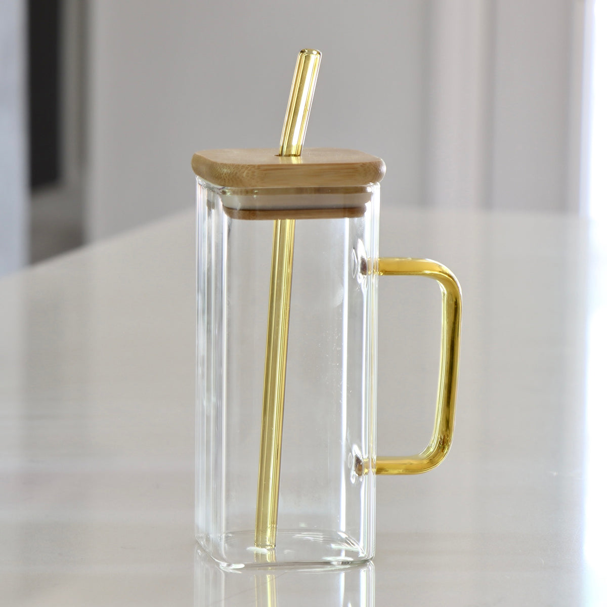 Yellow - Squared Drinking Glass with Lid &amp; Straw - Holistic Habitat 