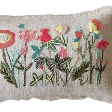 Wild Meadow Embroidered Cotton Slub Lumbar Pillow - 24x14 - Holistic Habitat 