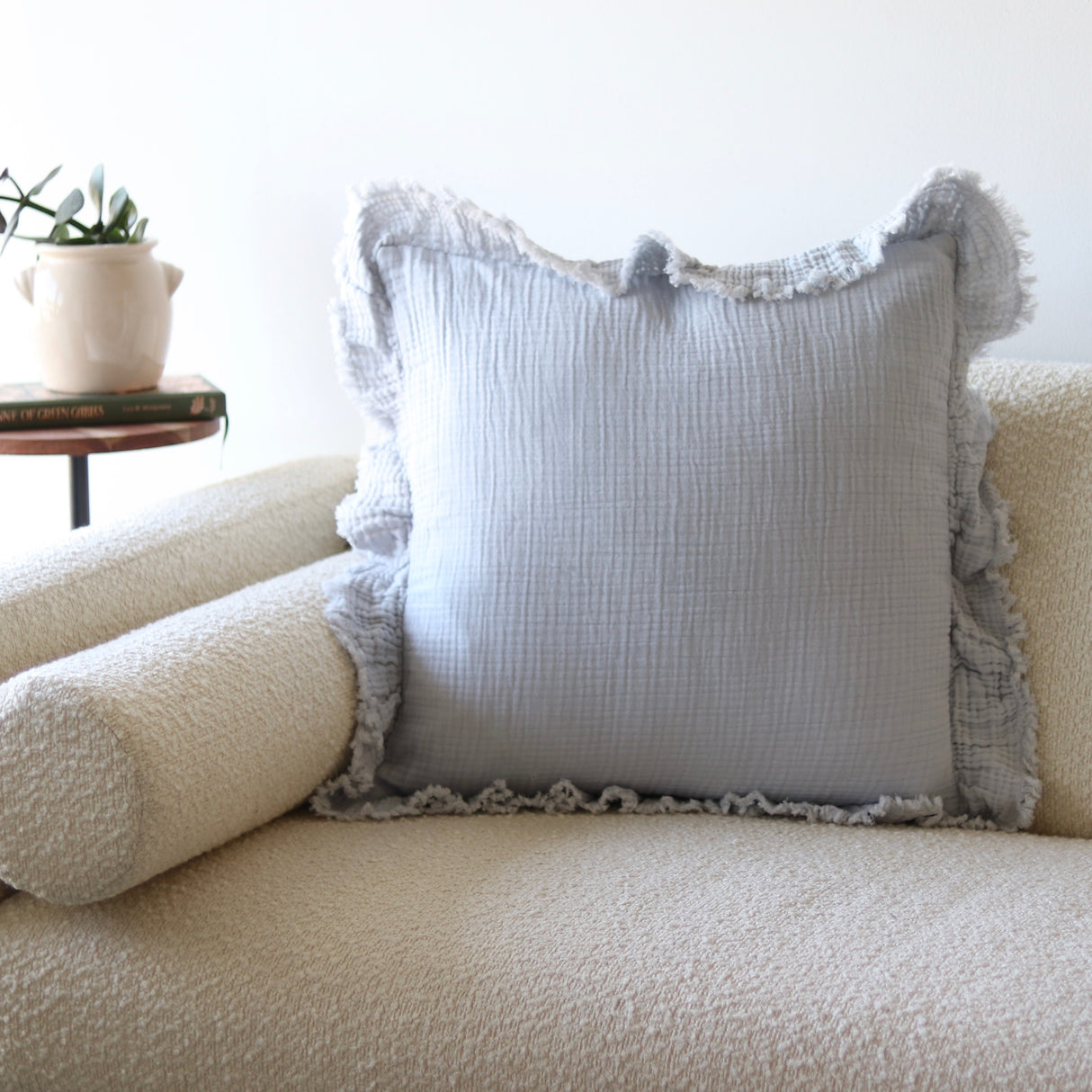 Pale Blue Ruffled Cotton Pillow 20 Inch