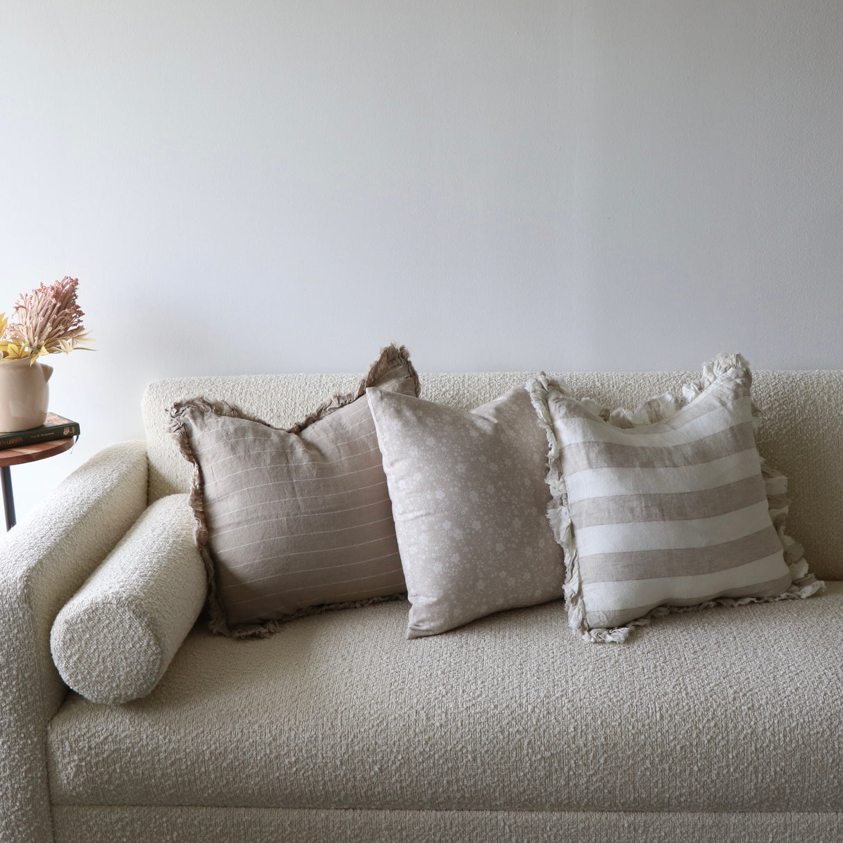 Celia Beige Striped Ruffled Linen Pillow Cover