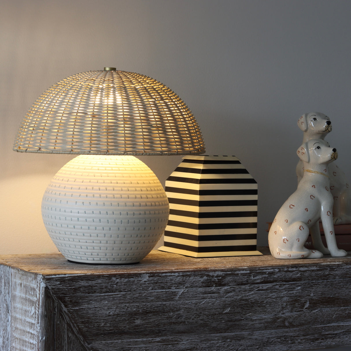 Periwinkle Polka Dot Ceramic Lamp With Rattan Shade - Holistic Habitat 
