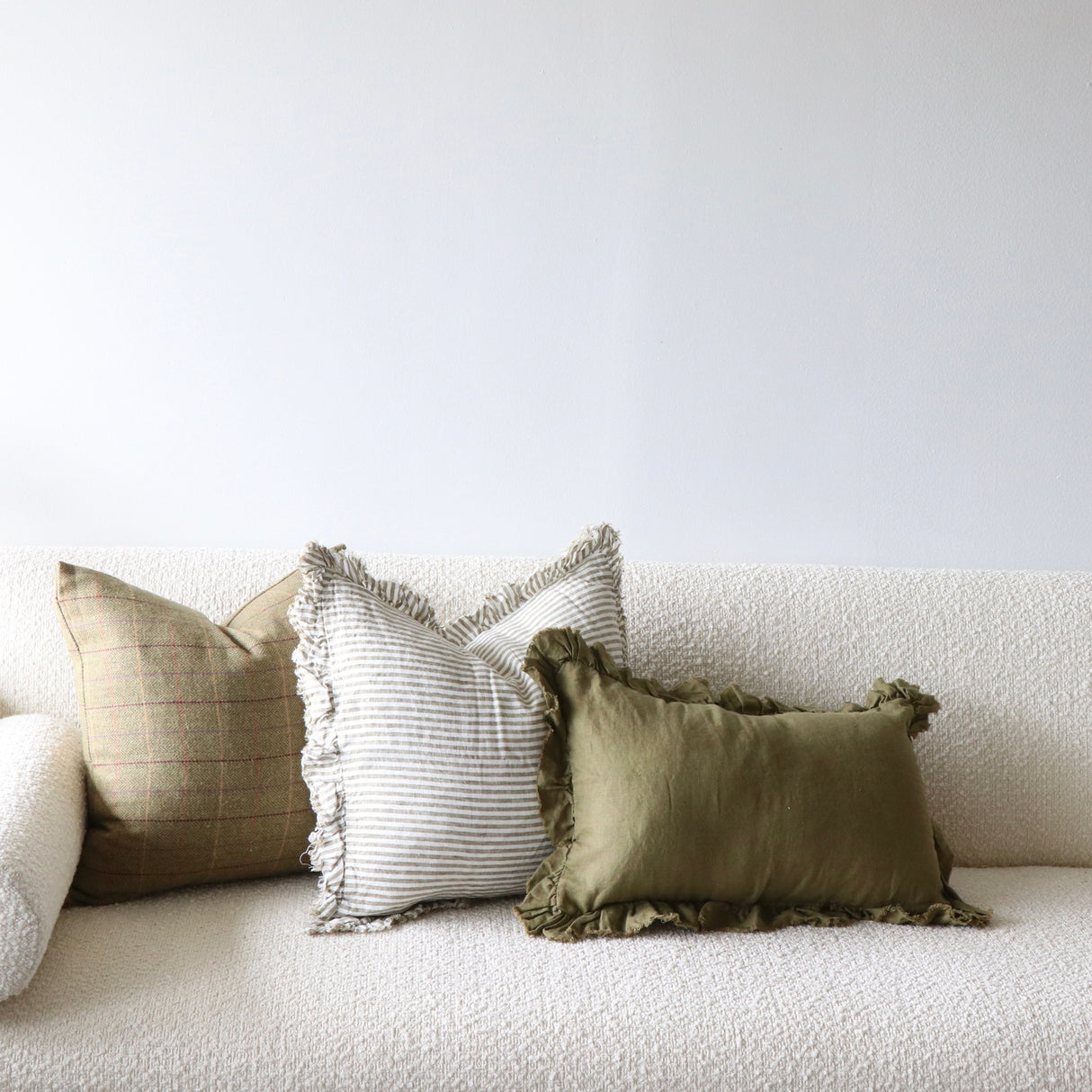 Sama Olive Ruffled Linen Lumbar Pillow Cover