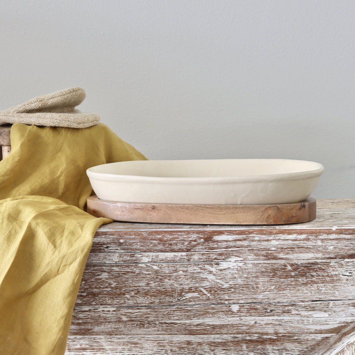 Gatherings Stoneware Serving Dish with Wood Base - Holistic Habitat 