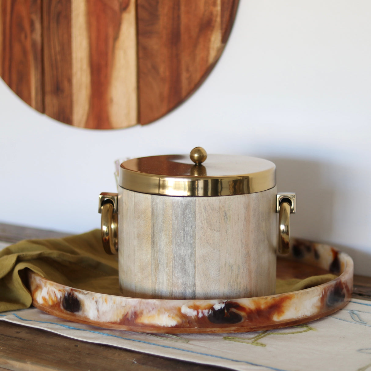 Heirloom White-washed Wooden & Brass Finish Ice Bucket - Holistic Habitat 