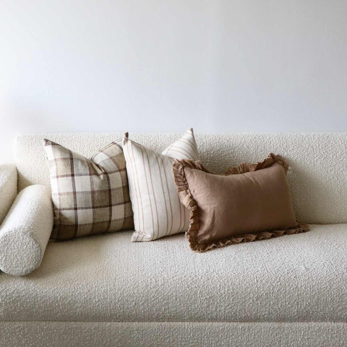 Sepia Brown Ruffled Linen Lumbar Pillow Cover